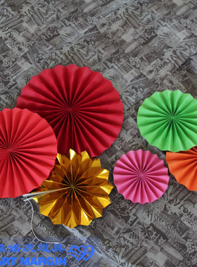 宝宝满月拍照道具纸扇花六件套装红色扇花布置折纸瓦楞纸现场装饰