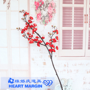 高仿真红梅花枝干枝梅花落地婚庆假花仿真绢花手工花桌面摆设桃花