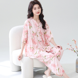 薄款 棉绸睡衣女新款 绵绸印花两件套宽松大码 人造棉夏季 家居服 套装