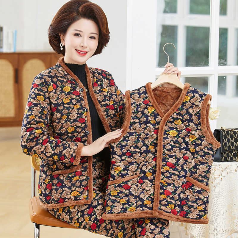冬季中老年人驼绒加绒加厚棉衣棉裤两件套女士居家服保暖三件套装