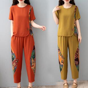 妈妈夏装 洋气2025新款 中老年女民族风短袖 T恤两件套 冰丝棉麻套装