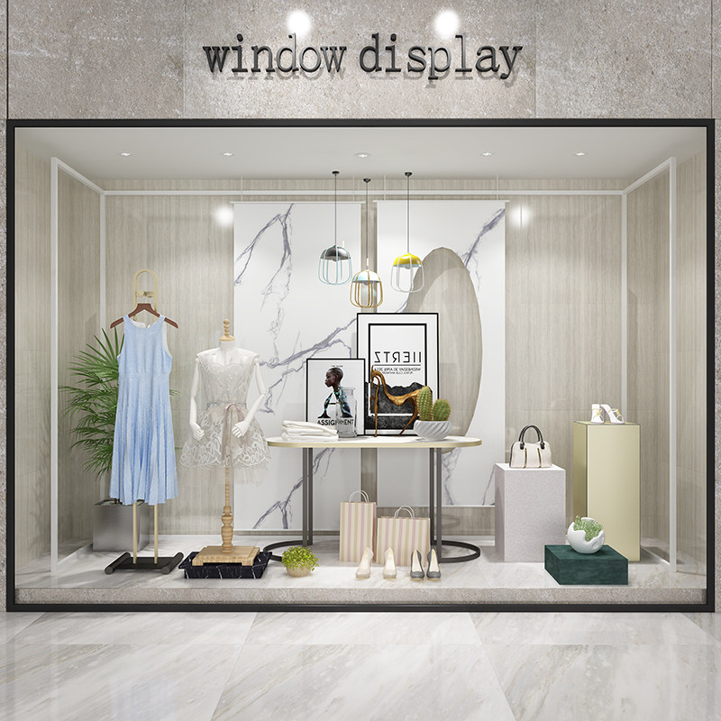 服装店门口櫉窗设计创意装饰陈列道具现代轻奢金色地台展台摆件