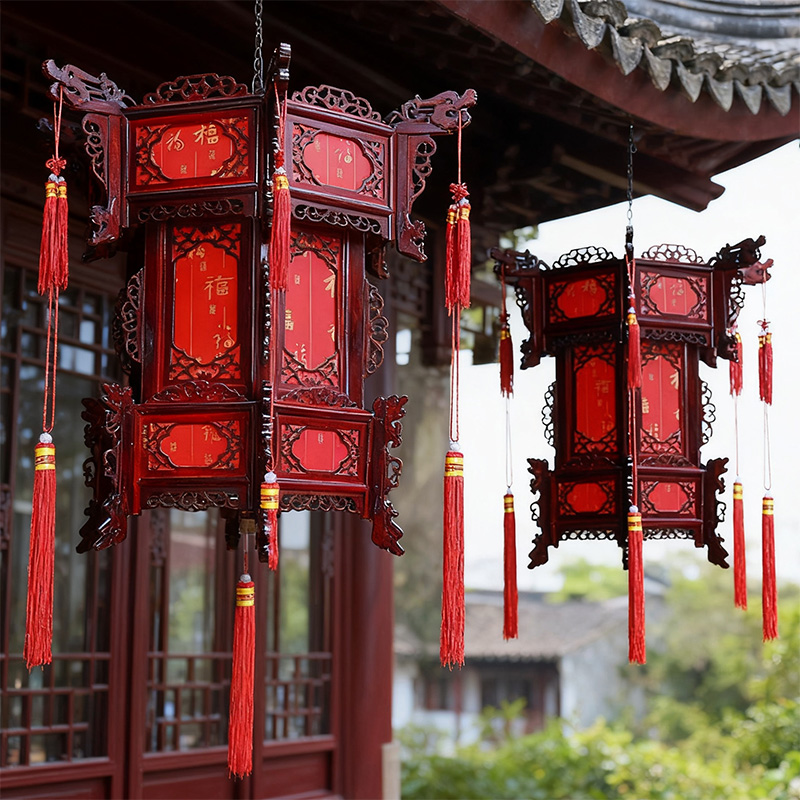 中式实木宫灯六角大红新年羊皮古典结婚阳台吊灯户外仿古灯笼挂饰