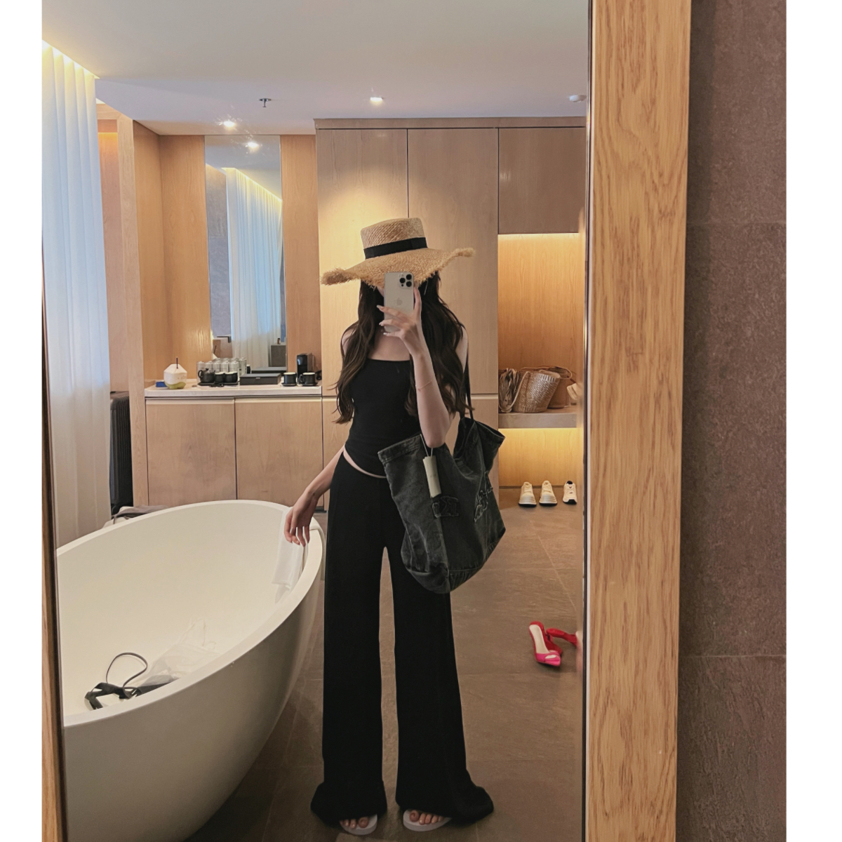 IN MIMIFACE 低腰微弹垂坠感阔腿裤拖地长裤女简约显瘦百搭休闲裤