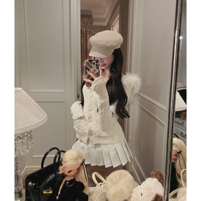 IN MIMIFACE 貉子毛低领连帽针织麻花毛衣外套短款修身气质上衣