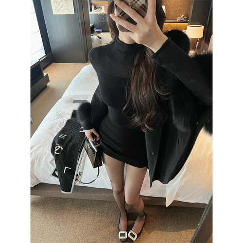 IN MIMIFACE 透视拼接内搭针织连衣裙收腰紧身包臀裙秋冬打底裙女