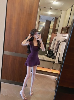 IN MIMIFACE 性感辣妹紫色u领短袖连衣裙夏女a字收腰气质短款裙子