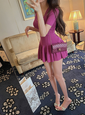 IN MIMIFACE 紫色短袖低领针织连衣裙女性感御姐风收腰显瘦短裙