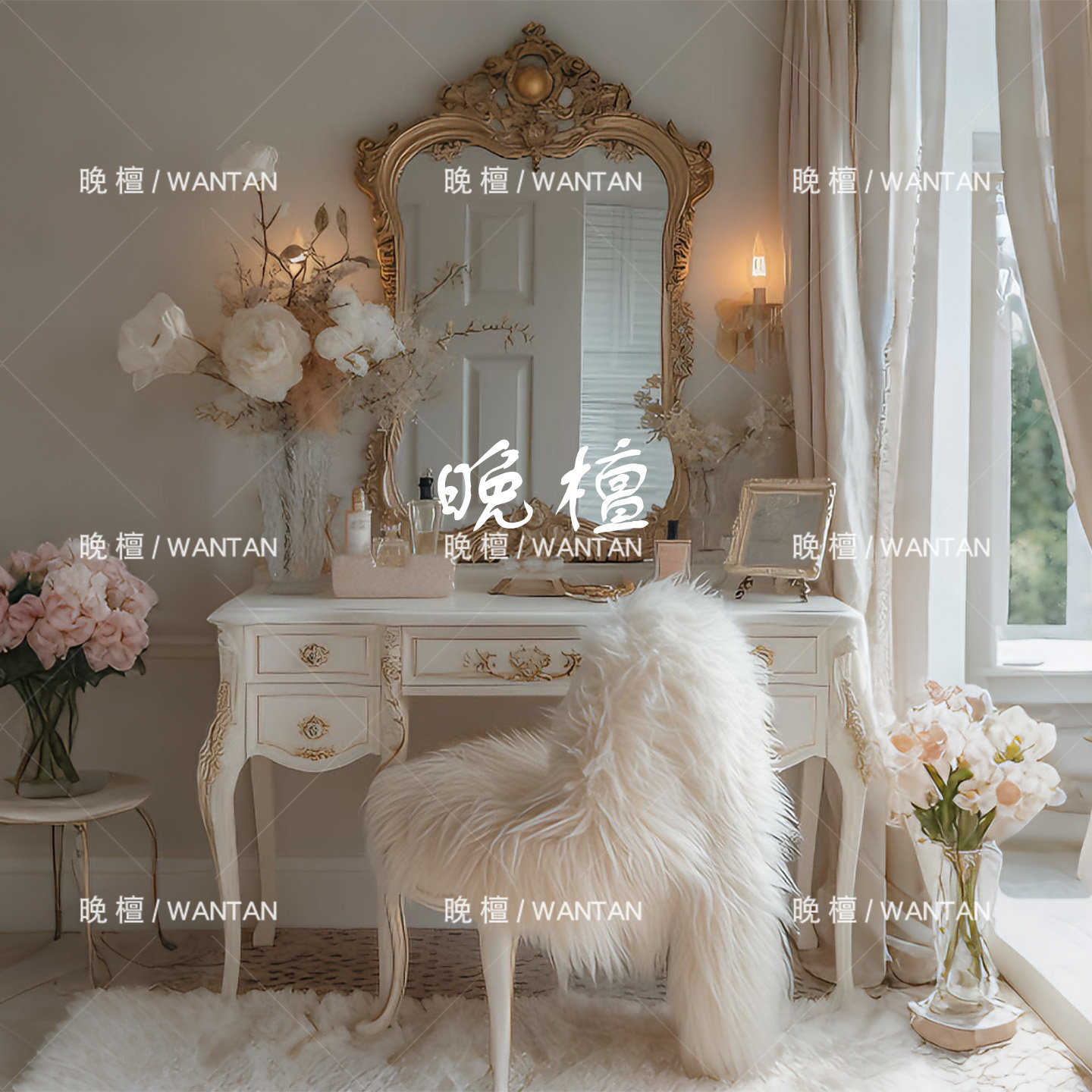 晚檀 法式复古梳妆台 带镜雕花实木化妆桌 白色收纳柜 卧室家具