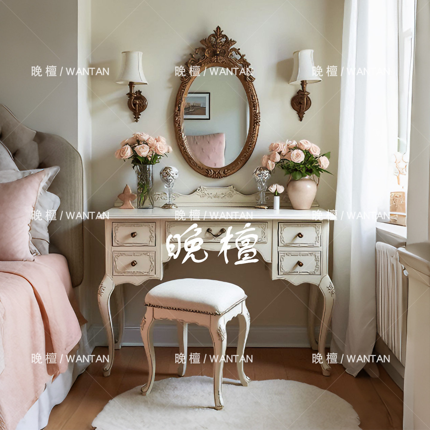 晚檀 法式复古实木梳妆桌 卧室白色做旧化妆桌 多抽屉抽屉柜 桦木