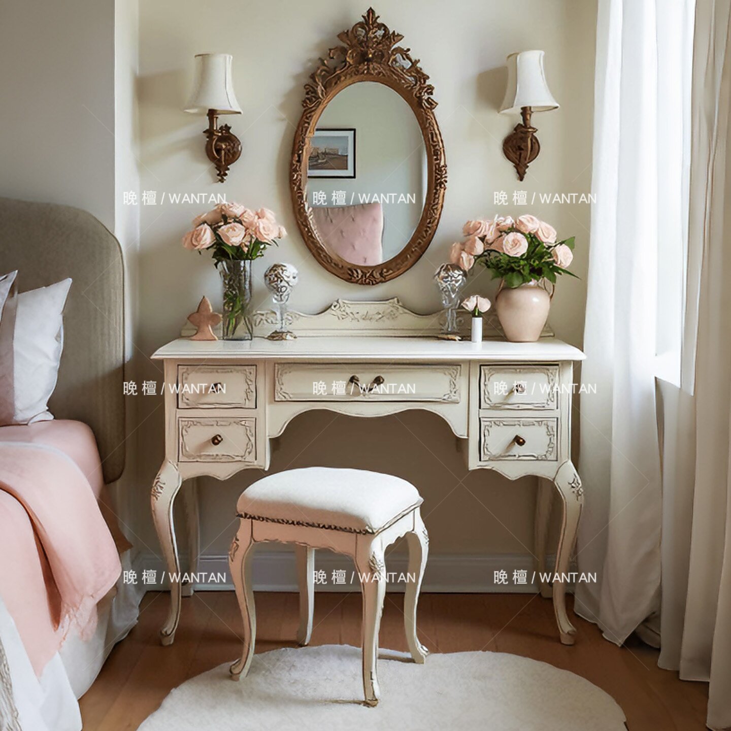 晚檀 法式复古实木梳妆台 带镜多抽屉雕花化妆桌 卧室白色收纳柜