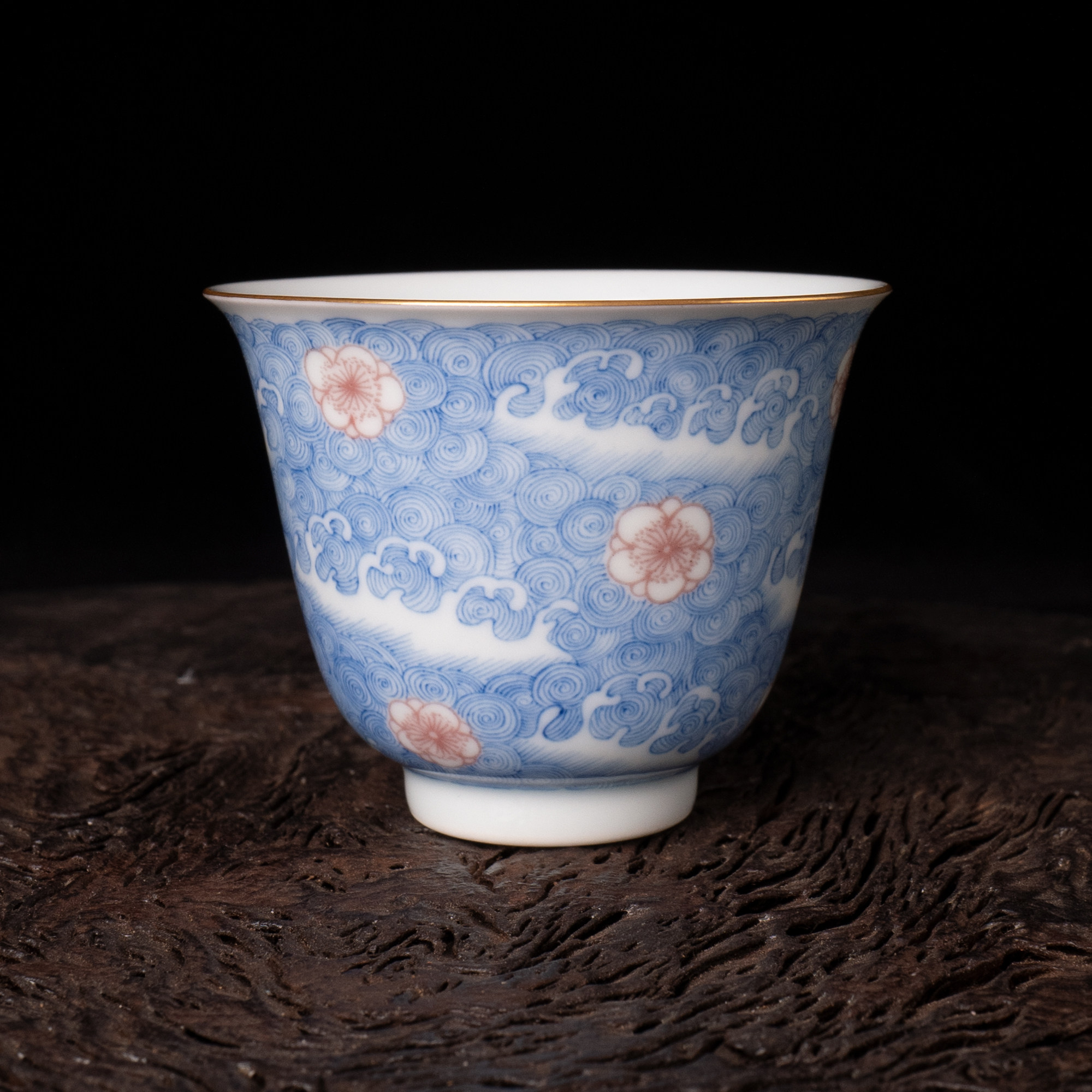 景德镇谷雨山房手绘青花釉里红浪里桃花仰钟杯手工主人杯品茗杯