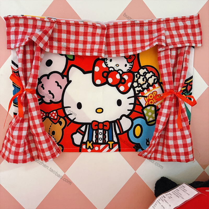 可爱动漫卡通HelloKitty猫图布艺挂画魔术贴安装格子窗帘布一体布