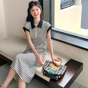 韩系撞色条纹掐腰连衣裙女2025新款夏日学院风休闲百搭polo领长裙图片