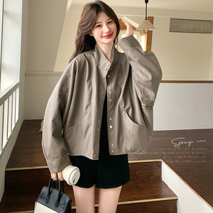 新品！现货！立领翻修格子拼接皮衣 C269P145K258，女装皮衣，两个王小姐