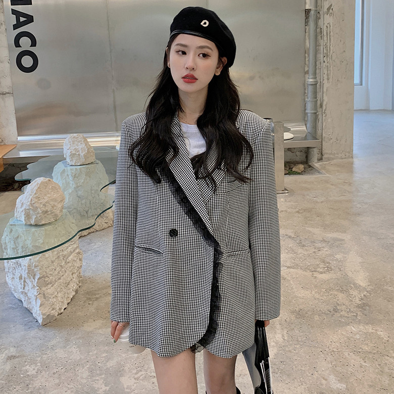 2022春款！！蕾丝滚边千鸟格阔版西装C156P110K149，女装西装，两个王小姐