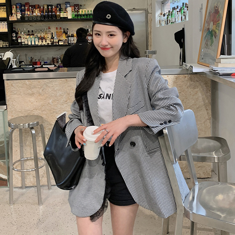 2022春款！！千鸟格木耳边阔形西装C156P110K149,女装西装,两个王小姐