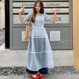 盐甜系穿搭休闲t恤套装女夏新款温柔甜美网纱吊带裙两件套连衣裙，女装连衣裙，两个王小姐