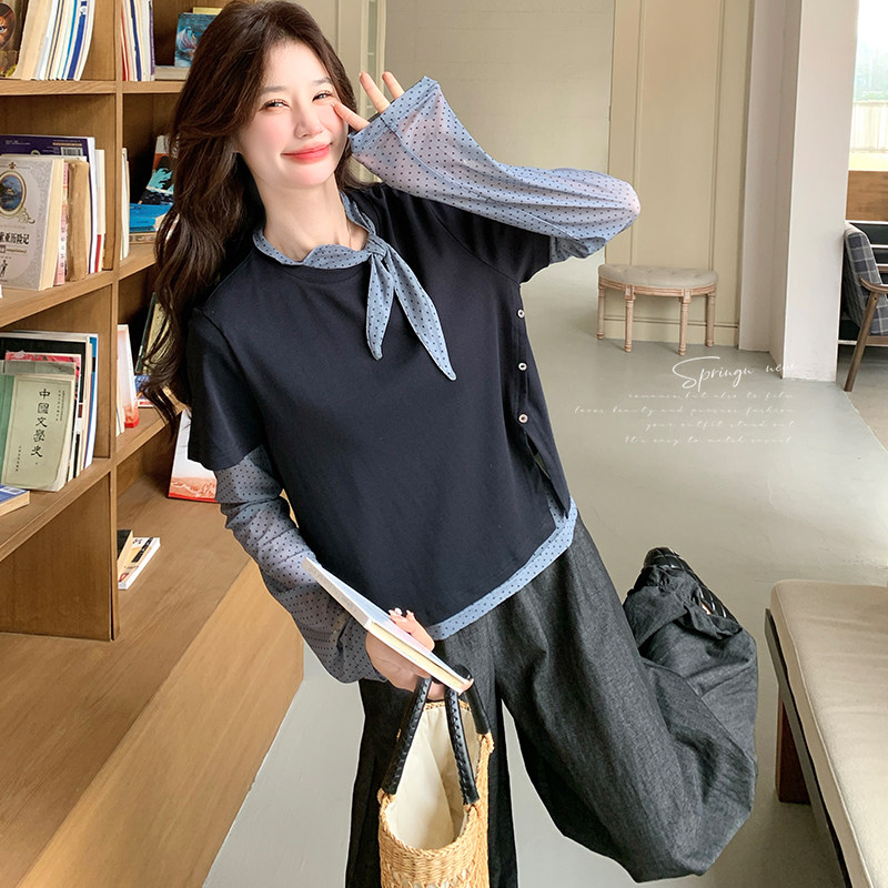 新款！现货！网纱波点T恤两件套配套裤子有售C271P100K168，女装T恤，两个王小姐