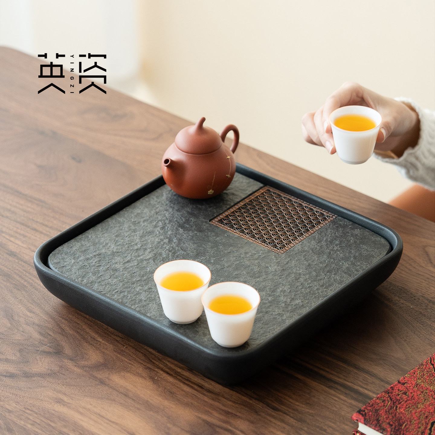 天然乌金石储水茶盘家用高档干泡盘泡茶茶台功夫茶具茶水托盘新款