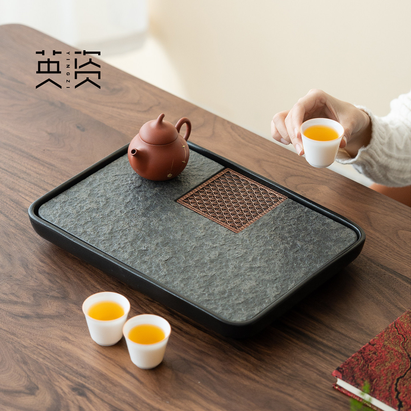 原矿乌金石储水茶盘家用高档干泡盘泡茶茶台功夫茶具茶水托盘新款
