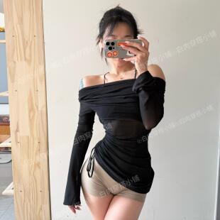 白肉一字肩抽绳网纱长袖瑜伽服女运动健身上衣修身显瘦气质新款