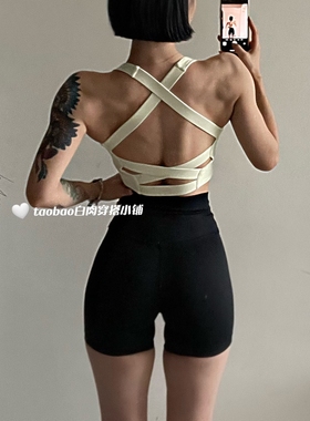 提拉米苏配色鹅黄色美背背心交叉绑带自带胸垫吊带瑜伽健身美背