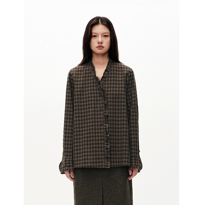 MHV ARCHIVE 新款 棉麻 木棉绿复古格纹 女士宽松衬衫