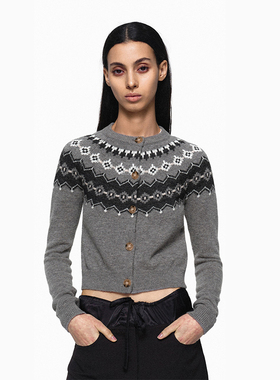 MHV ARCHIVE 澳洲羊毛 格雷菲尔岛复古编织花纹 女士短款修身开衫