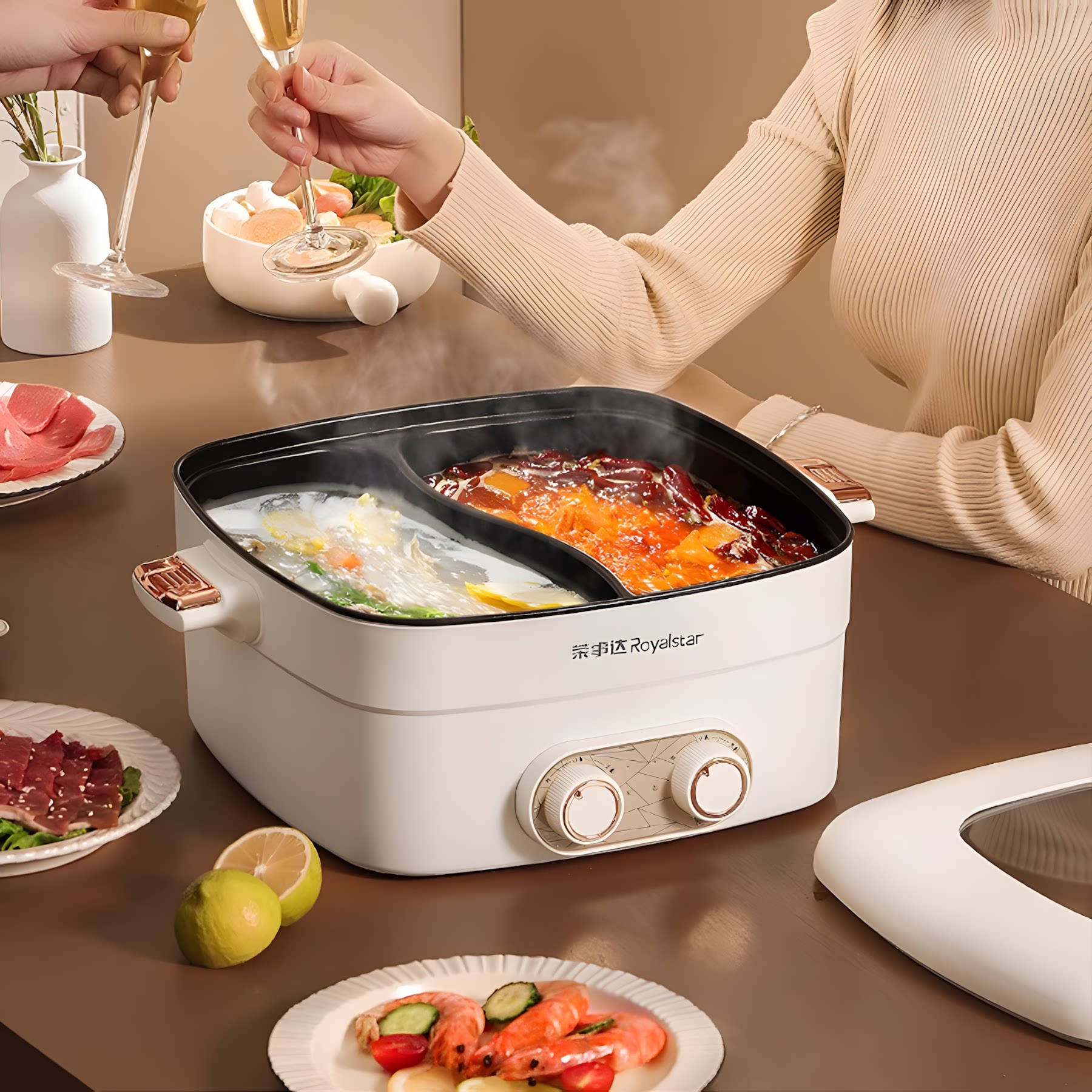 荣事达鸳鸯锅火锅家用电火锅多功能一体电煮锅宿舍电锅电热锅专用