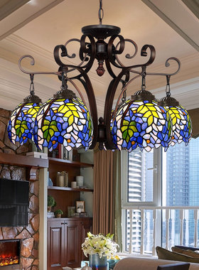 【紫藤】帝凡尼唯美清新蓝纯手工彩玻客餐厅装饰壁灯6头开枝吊灯