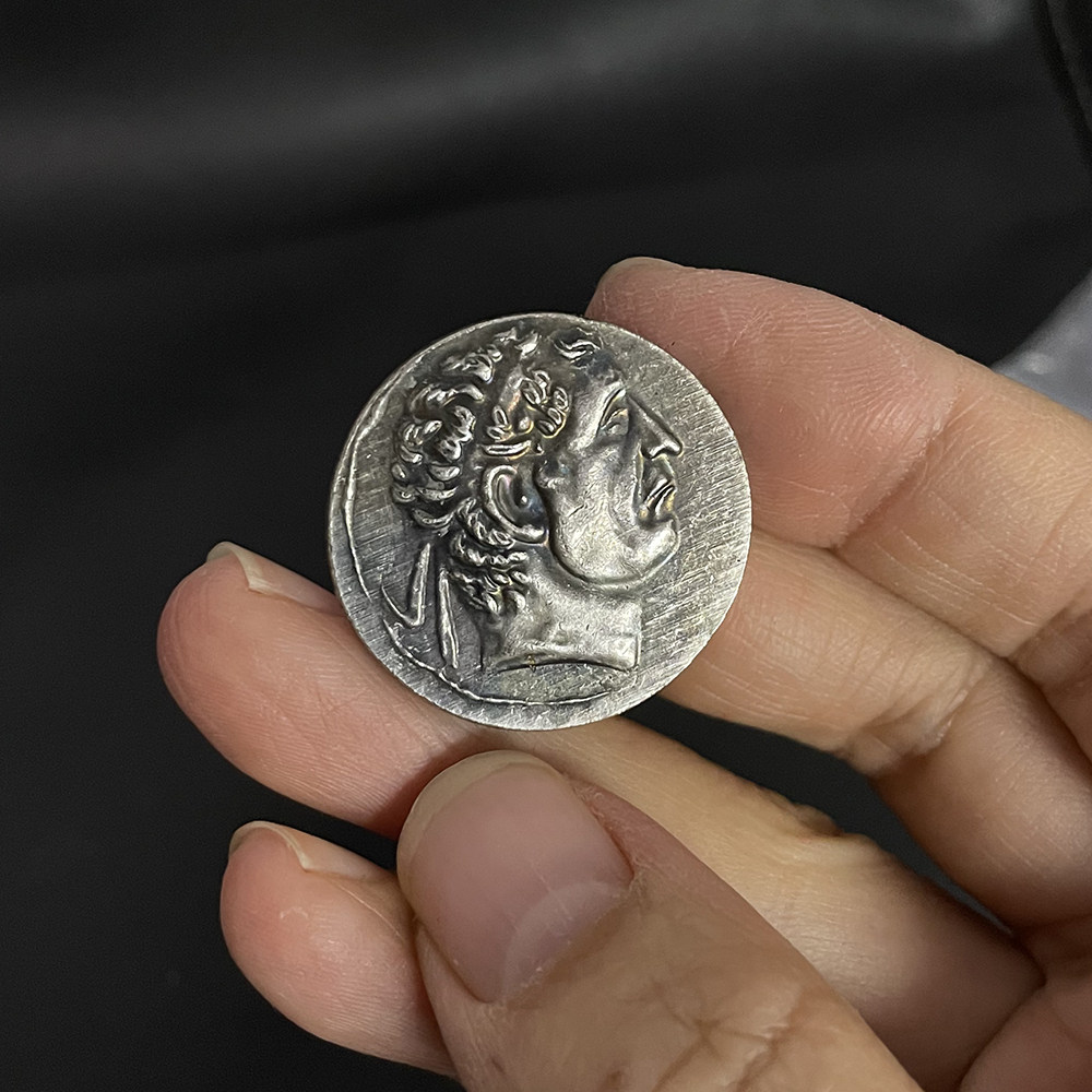 复古希腊硬币铜镀银巴克特里亚国王古币戒指diy浮雕吊坠打孔28mm