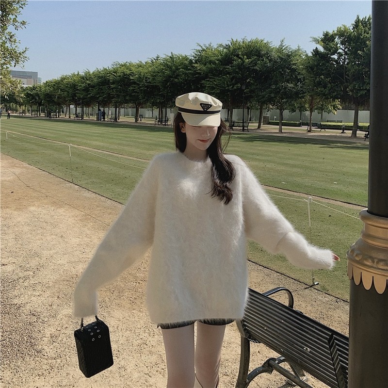 22欧美系女秋冬长毛水貂绒大圆领套头毛衣慵懒风宽松中长款休闲棒