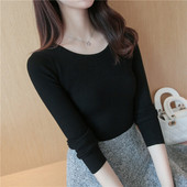 毛衣 春秋新款 长袖 百搭修身 打底上衣女黑色圆领打底针织衫 显瘦短款