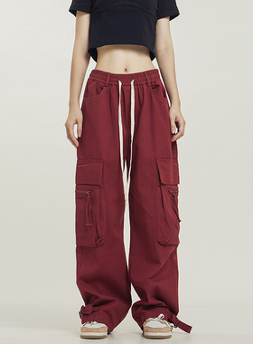 CaptainBeer 美式高街宽松阔腿红色工装裤男女潮牌街舞裤拖地长裤