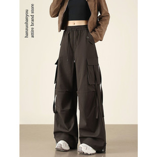 美式咖啡色工装裤女款秋冬季宽松冲锋登山阔腿裤休闲小个子运动裤