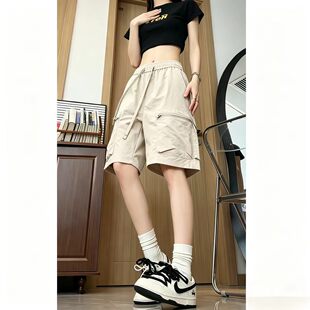 杏色直筒工装短裤女夏季韩版ins潮流宽松休闲运动短裤阔腿五分裤