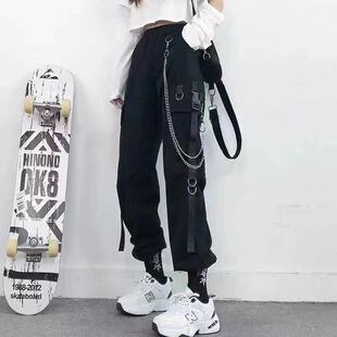 美式韩版ins嘻哈休闲长裤女宽松显瘦小个子两穿束脚直筒工装裤子