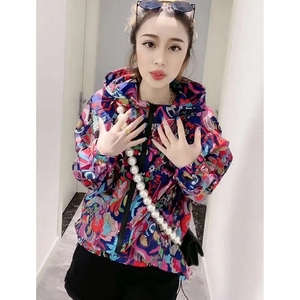 欧洲站2025夏季新款时尚复古花色拉链连帽外套女显瘦宽松防晒衣潮