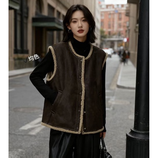 潮流复古港风马甲圆领毛毛马夹秋冬加绒加厚新款女生韩系ins衣服