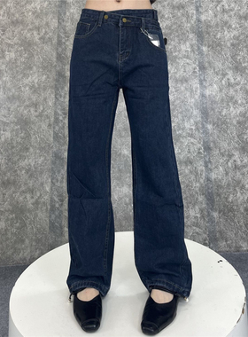 窄版高腰阔腿牛仔裤女深蓝色直筒裤子小个子2025年新款宽松丹宁蓝