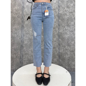 软牛仔裤 小个子高腰破洞九分烟管直筒韩版 女浅蓝 春夏薄款 2026新款