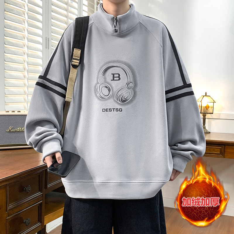 秋冬装半高领卫衣男孩初中高中学生加绒加厚青少年大童内搭打底衫