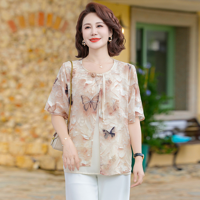 新中式妈妈夏装T恤洋气50岁中年女雪纺上衣中老年女夏季打底小衫