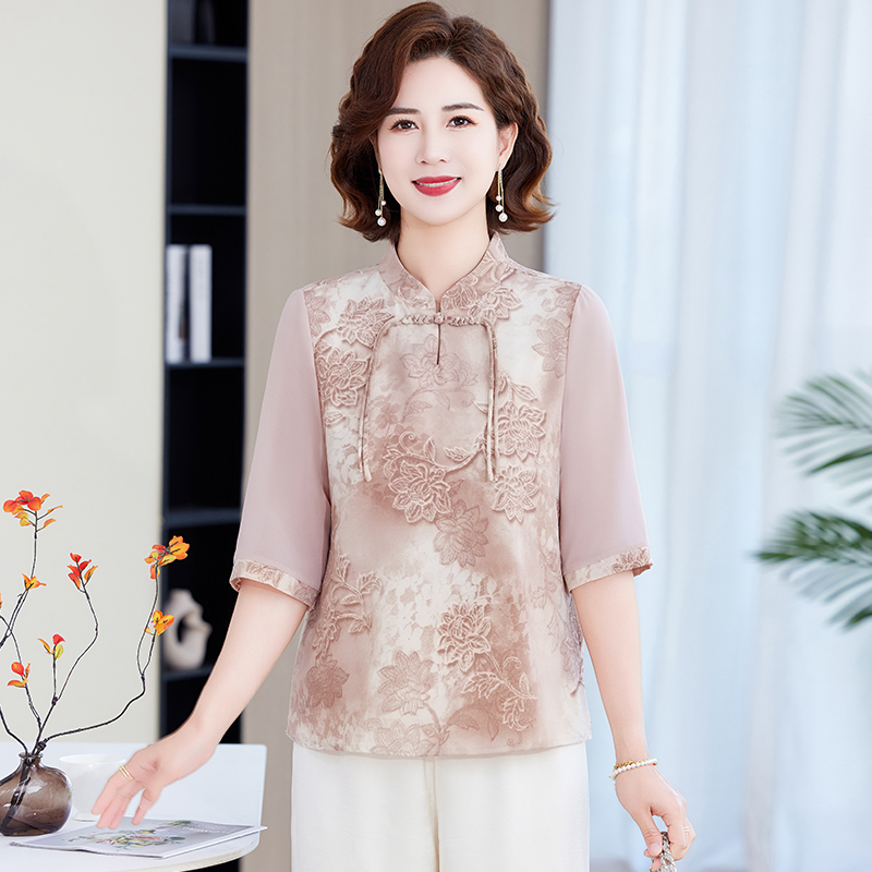 新中式妈妈夏装t恤50岁中年女洋气上衣2025新款中老年女雪纺小衫