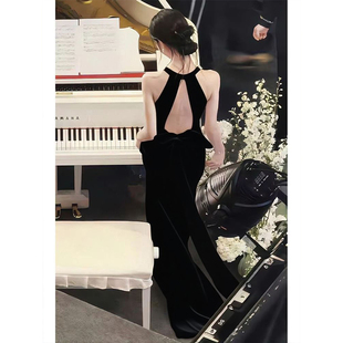 法式晚礼服女气质简约高级感露背性感黑色小个子连衣裙生日主持人