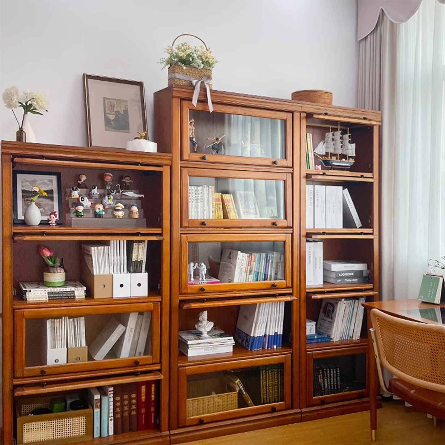 美式实木书柜储物收纳柜一体整墙落地矮柜玻璃门组合书橱防尘书架,住宅家具,组合书柜,淘宝优惠券,粉丝福利购,淘宝优惠卷