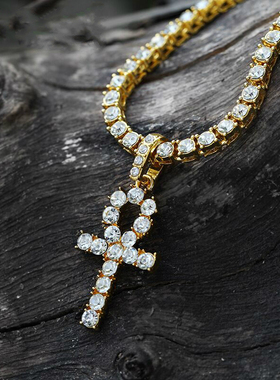 欧美潮牌满钻安赫钥匙十字架项链