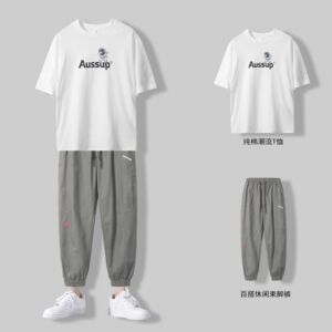 夏季男士休闲运动套装潮流薄款纯棉短袖t恤宽松衣服帅气一套搭配