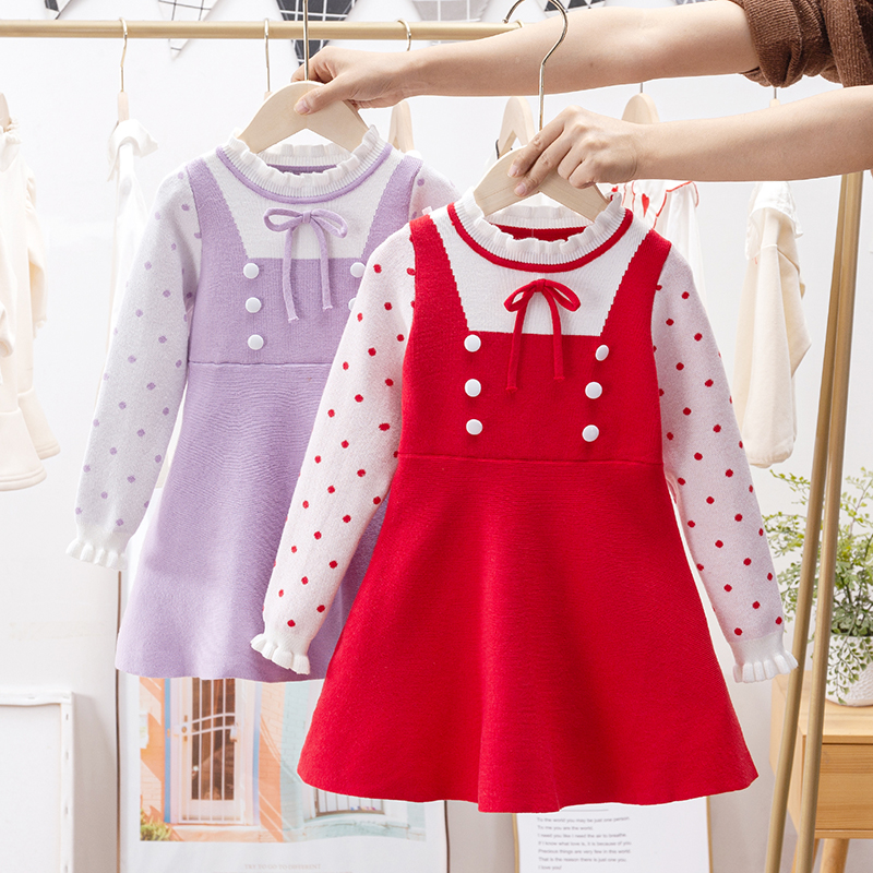 女童针织连衣裙长袖秋装2025新款韩版蝴蝶结花边公主裙儿童毛衣裙